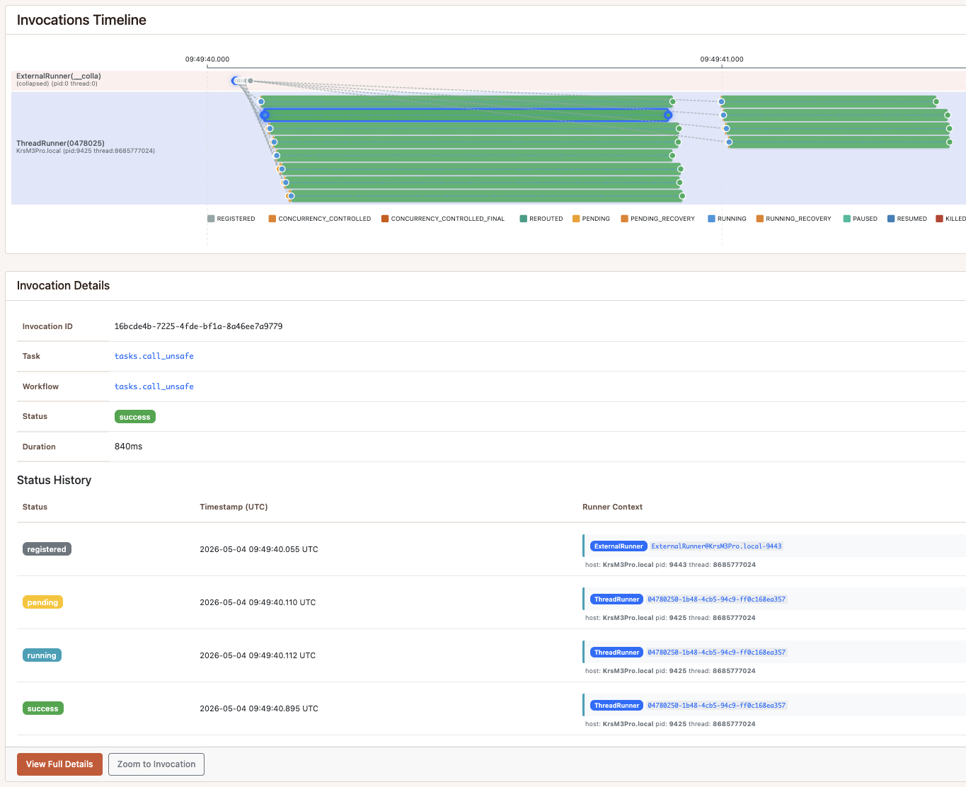 Scenario A timeline — 12 invocations, four per account, all running in parallel, nine recorded as collisions