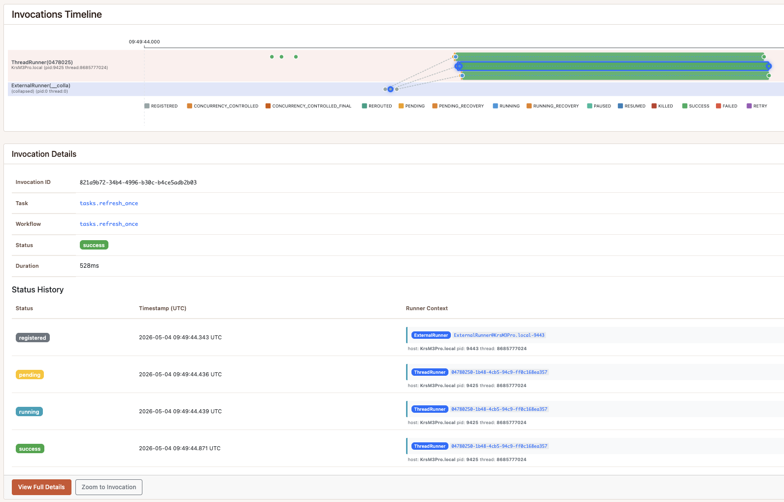Scenario D timeline — 24 enqueues collapse to 3 invocations at registration time, one per account