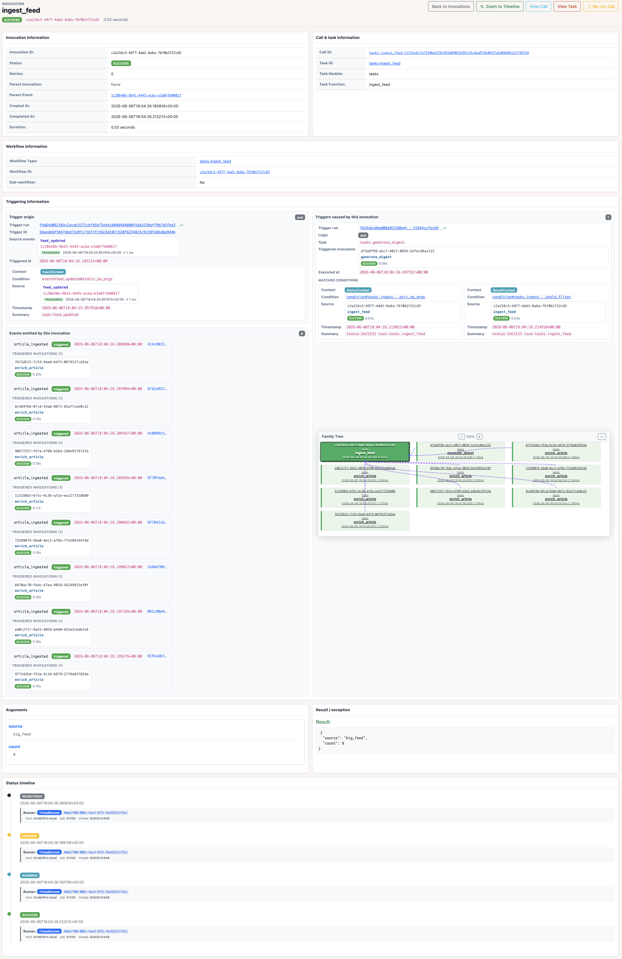 Pynmon invocation details showing events and triggers caused by ingest_feed
