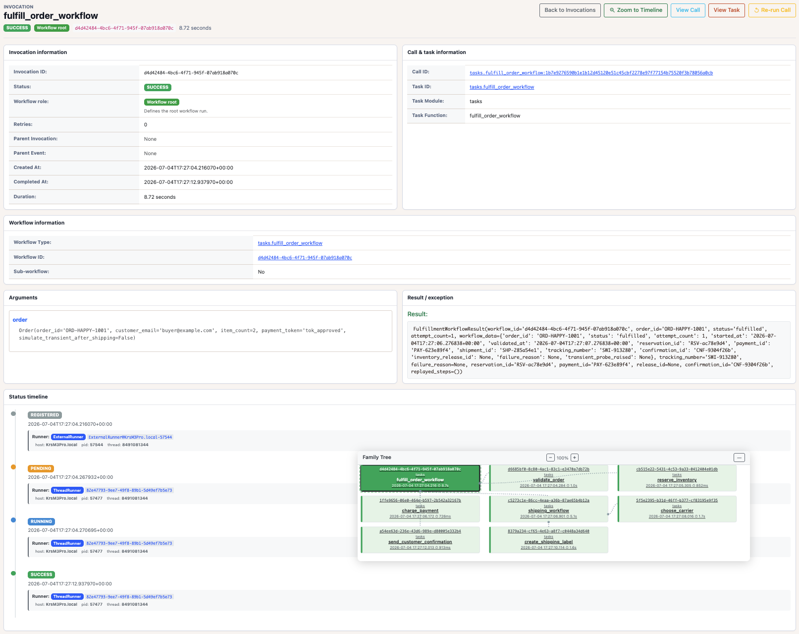 Pynmon invocation detail page showing workflow information, status history, and family tree