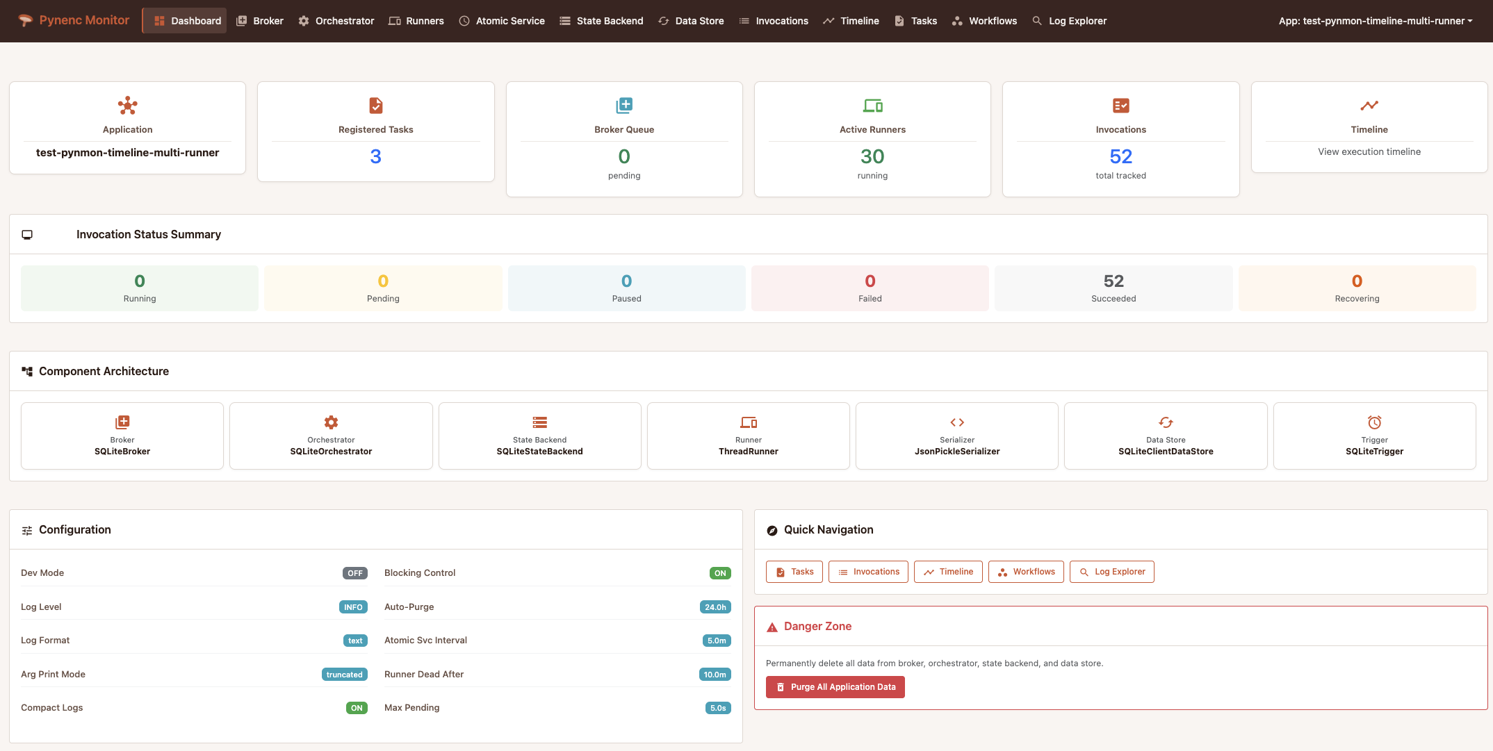 Pynmon dashboard showing application overview, invocation status, component architecture, and configuration