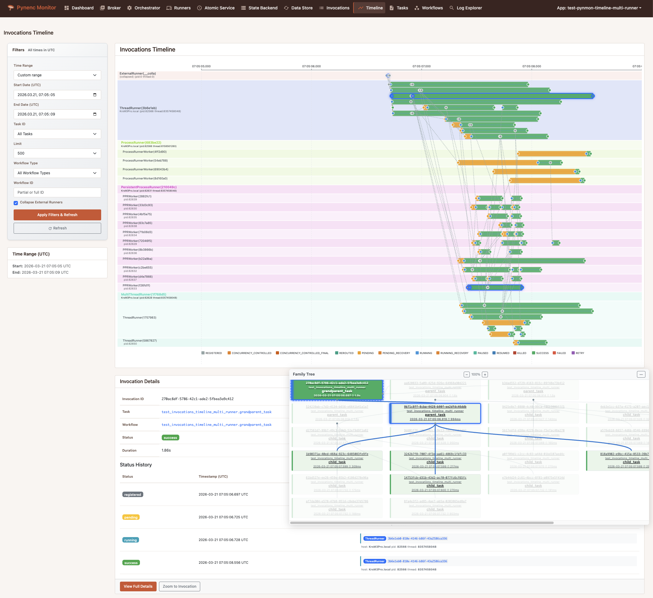 Pynmon execution timeline showing task execution across multiple runners with status transitions