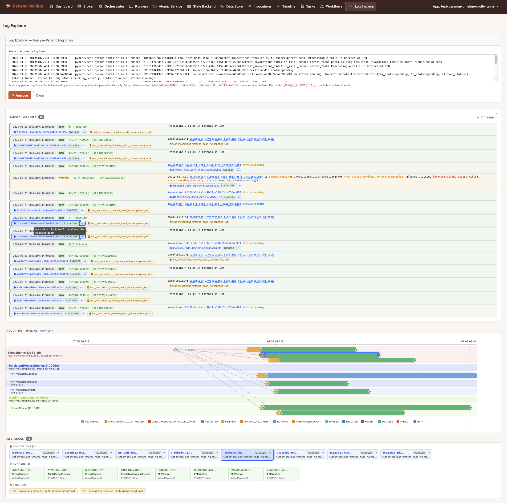 Pynmon Log Explorer parsing log lines with augmented context, mini-timeline, and links